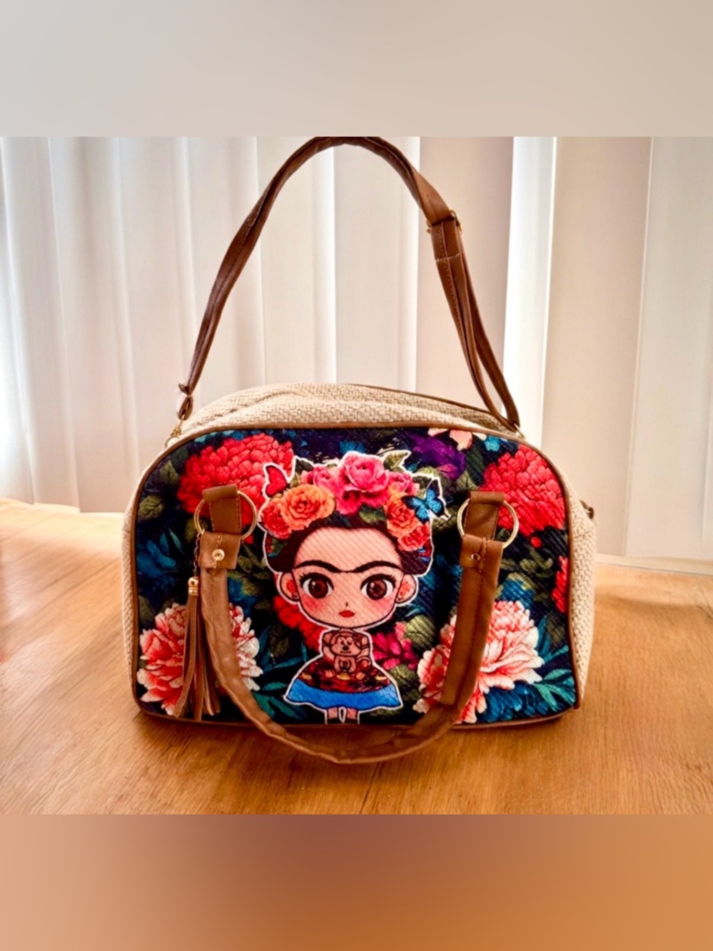Frida Kahlo Floral Graphic Tote Bag - Brown and Multicolor - Picture 3 of 4